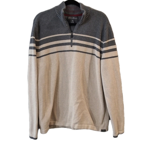 Eddie Bauer 1/4 Zip Sweater Men's TXL Gray Striped Preppy Classic Cozy Outdoor - Picture 1 of 4